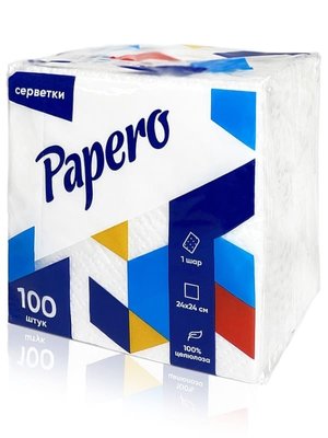 Серветки паперові Papero білі 1 шар, 100 шт, 24х24 см NS031 фото