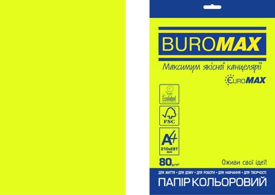 Папір кольоровий Euromax 80г/м2, NEON, жовтий, 20арк. BM.2721520E-08 фото