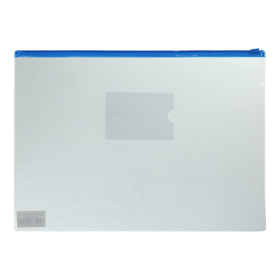 Папка - конверт на молнии zip-lock, А4, глянцевый прозрачный пластик, синяя молния BM.3946-02 фото