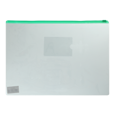 Папка - конверт на молнии zip-lock, А4, глянцевый прозрачный пластик, зеленая молния BM.3946-04 фото