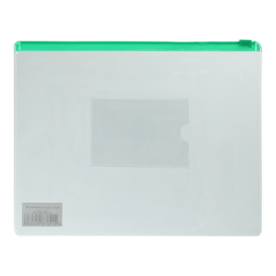 Папка - конверт на молнии zip-lock, А5, глянцевый прозрачный пластик, зеленая молния BM.3947-04 фото