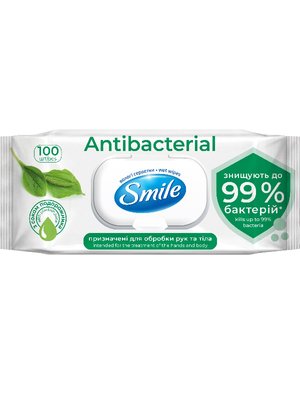 SMILE Серветка волога Antibacterial з подорожником, 100 шт., з клапаном (9 шт/ящ) new desing 56466 фото