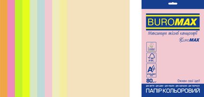 Папір кольоровий Euromax 80г/м2, PASTEL+NEON, 10кольорів, 20арк. BM.2721720E-99 фото