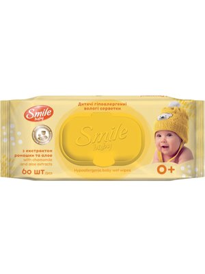 Вологі серветки Smile Baby Для Немовлят з екстрактом ромашки та алоє, з клапаном, 60 шт/упаковка (12 шт/ящ) New Design 55049 фото