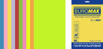 Папір кольоровий Euromax 80г/м2, NEON+INTENSIVE, 10кольорів, 20арк. BM.2721820E-99 фото