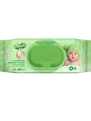 Влажные салфетки Smile Baby с экстрактом ромашки и алоэ, с клапаном, 72 шт/упаковка (12шт/ящ) New Design 53984 фото
