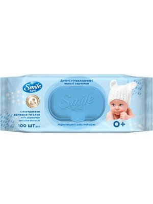 Влажные салфетки Smile Baby с экстрактом ромашки и алоэ, с клапаном, 100 шт/упаковка (9шт/ящ) New Design 53960 фото