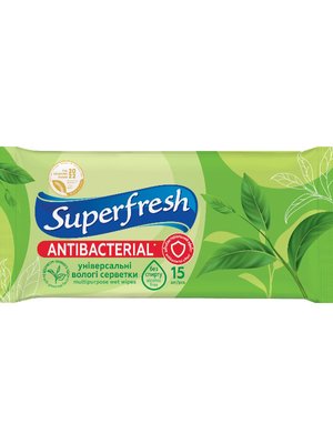 Вологі серветки Superfresh Antibacterial Green Tea 15 шт/упаковка (120 шт/ящ) 30497 фото