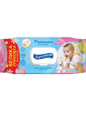 Вологі серветки Superfresh Baby Chamomile з клапаном, 120 шт/упаковка (9 шт/ящ) 19010 фото