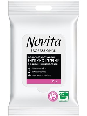 Влажные салфетки для интимной гигиены Novita PROFESSIONAL с растительным комплексом, еврослот, 15шт/упаковка (48шт/ящ) 51195 фото